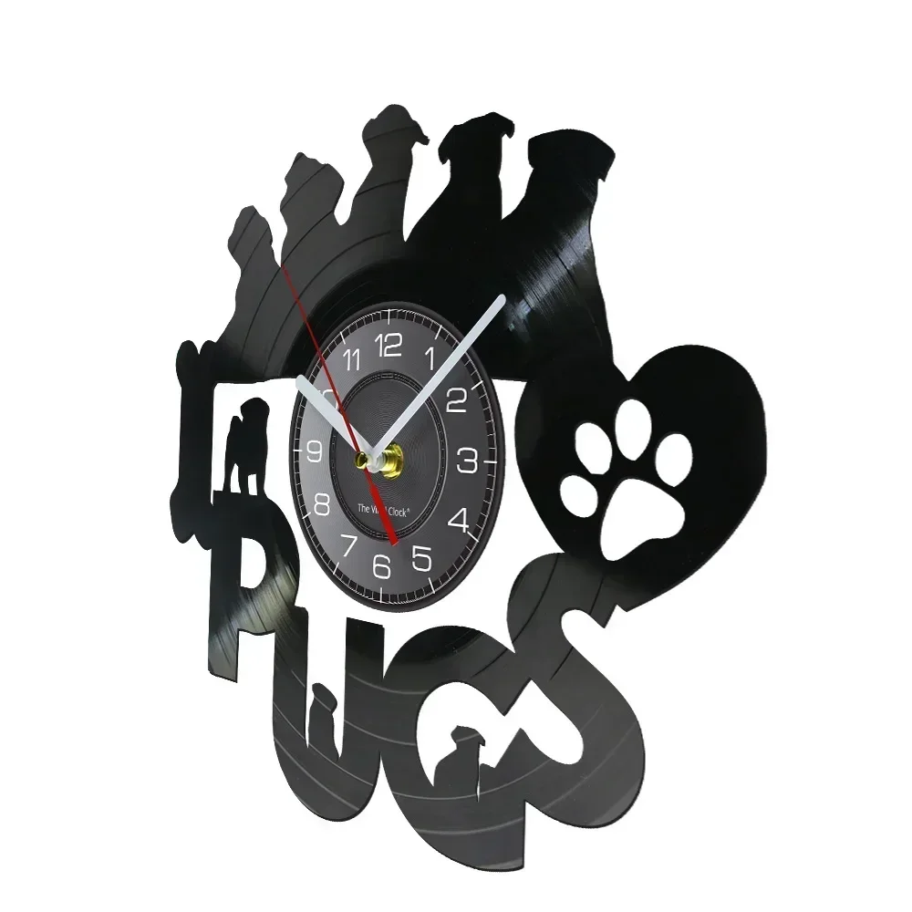 I Love Pugs Retro Vinyl Record Modern Wall Clock Silent Movement for Living Room Dog Lovers Home Decor Hanging Watch Timepieces