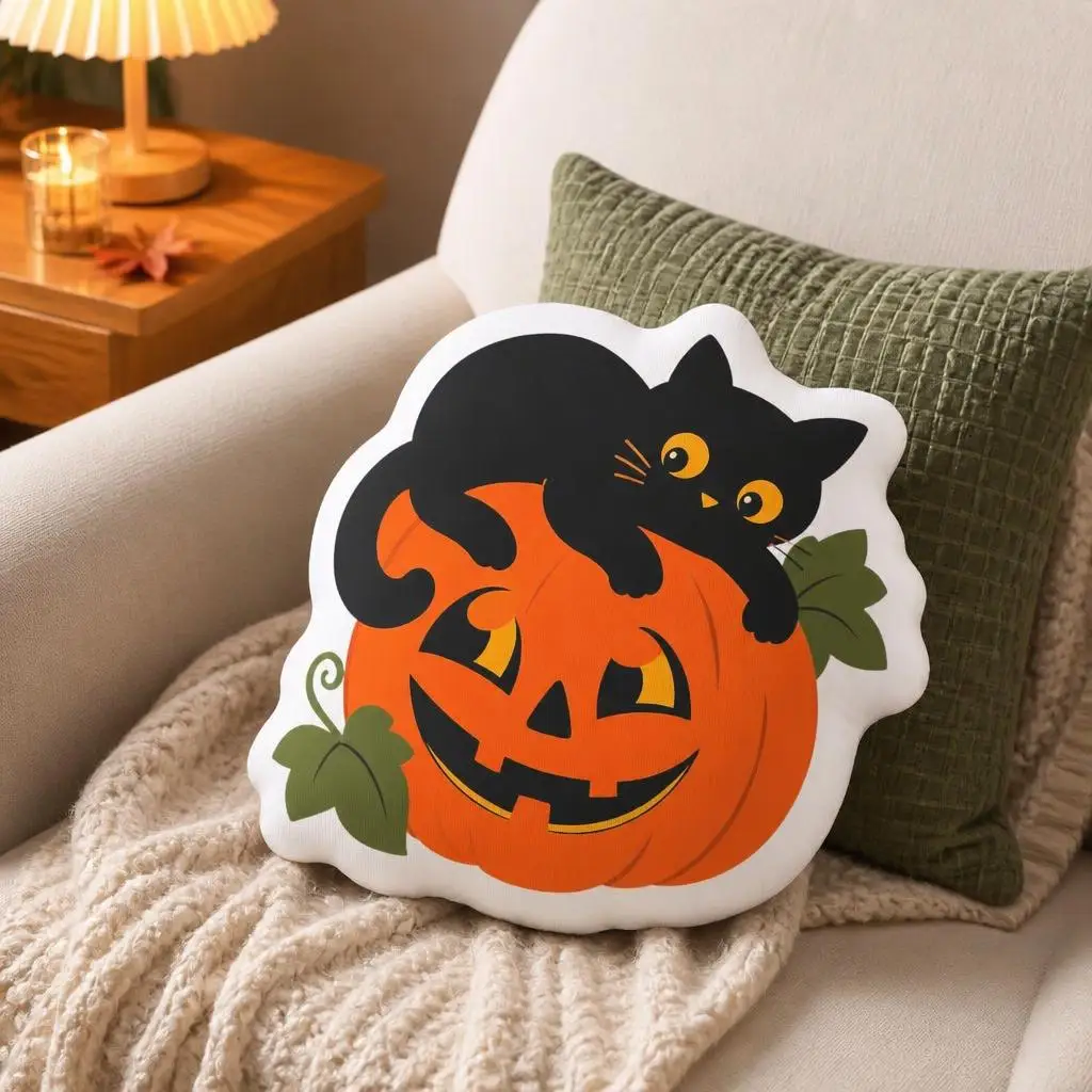 Black Cat Jack O Lantern Halloween Pillow Shaped Cushion Stuffed Throw Pillow Spooky Home Decor Sofa Gift for Cat Lovers