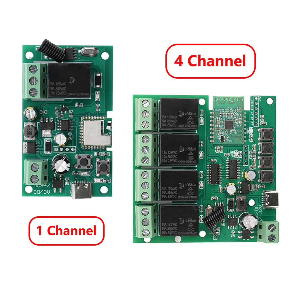 Type-C DC 5V 7-32V 1/4 Way For eWelink WiFi BT Relay Module Supports 433Mhz Remote Wireless Switch RF APP Control For Smart Home