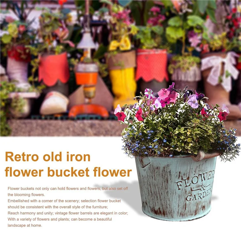

4X Country Retro Old Metal Flower Bucket Flower Creative Home Desktop Decoration Metal Craft Iron Bucket