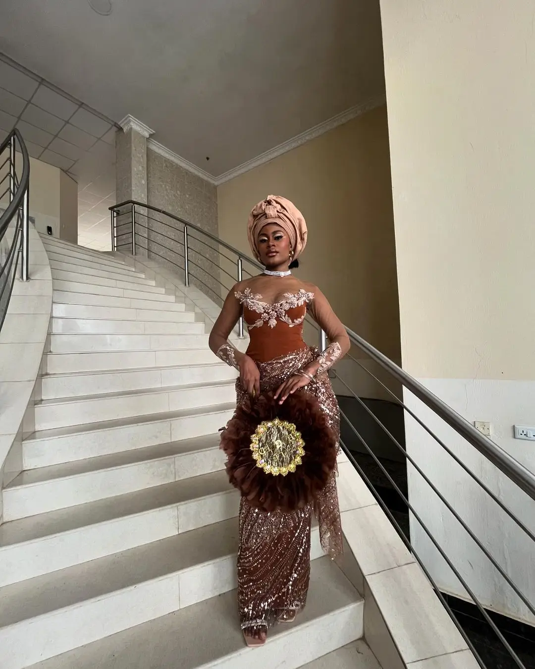 2026 Plus Size African Brown Lace Prom Dress Sheer Long Sleeve Nigerian Wedding Reception Party Aso Ebi Tradition Formal Gown