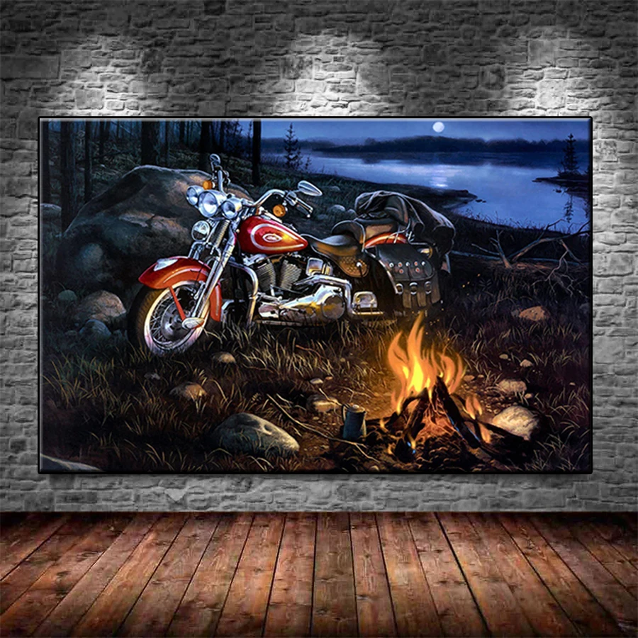 Diamond Painting Outdoor Motorcycle Riverbank Bonfire Scenery Full Drill DIY Diamond Embroidery Cross Stitch Mosaic Home Decor