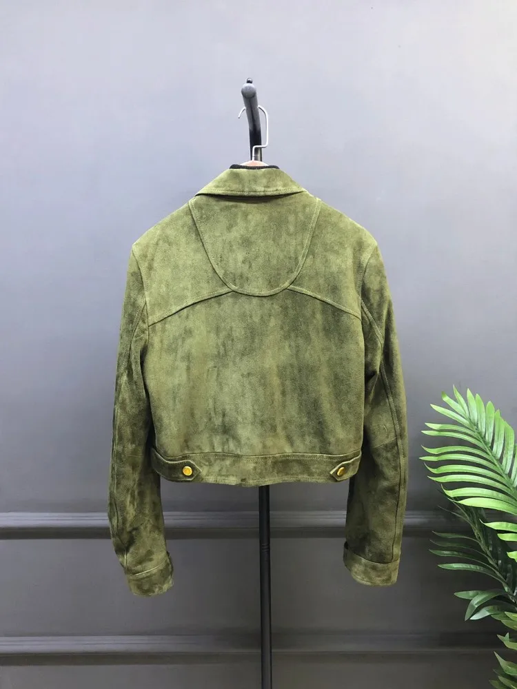 Genuine Suede Leather Lady Jacket Turndown Collar Zipper Short Coat Green Natural Sheepskin Motorcycle Jackets Autumn Outerwear