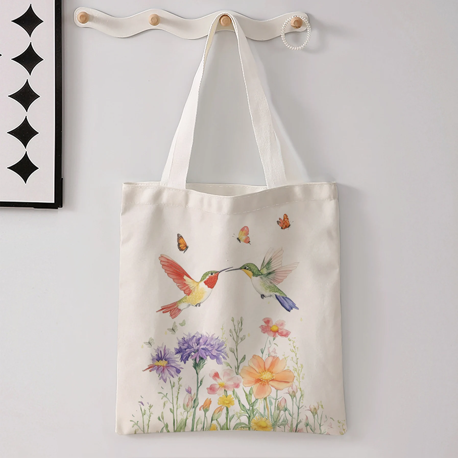 Watercolor Hummingbird Butterfly Floral Print Tote Bag Large Shoulder Handbag For Shopping Daily Commute