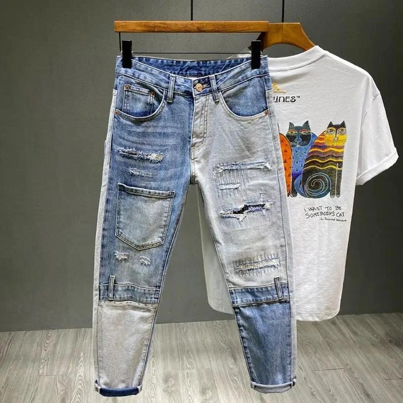 

American Fashion Motorcycle Thin Jeans Men's Slim Fit Feet European and American Fashion Spring and Autumn Splice Men's Pants