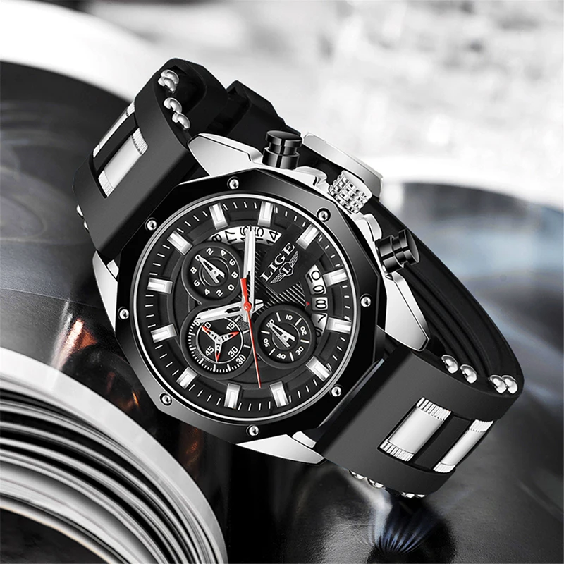 LIGE Fashion Luxury Quartz Man Watch Silicone Strap Casual Sport Waterproof Watches for Men Chronograph Auto Date Military Clock