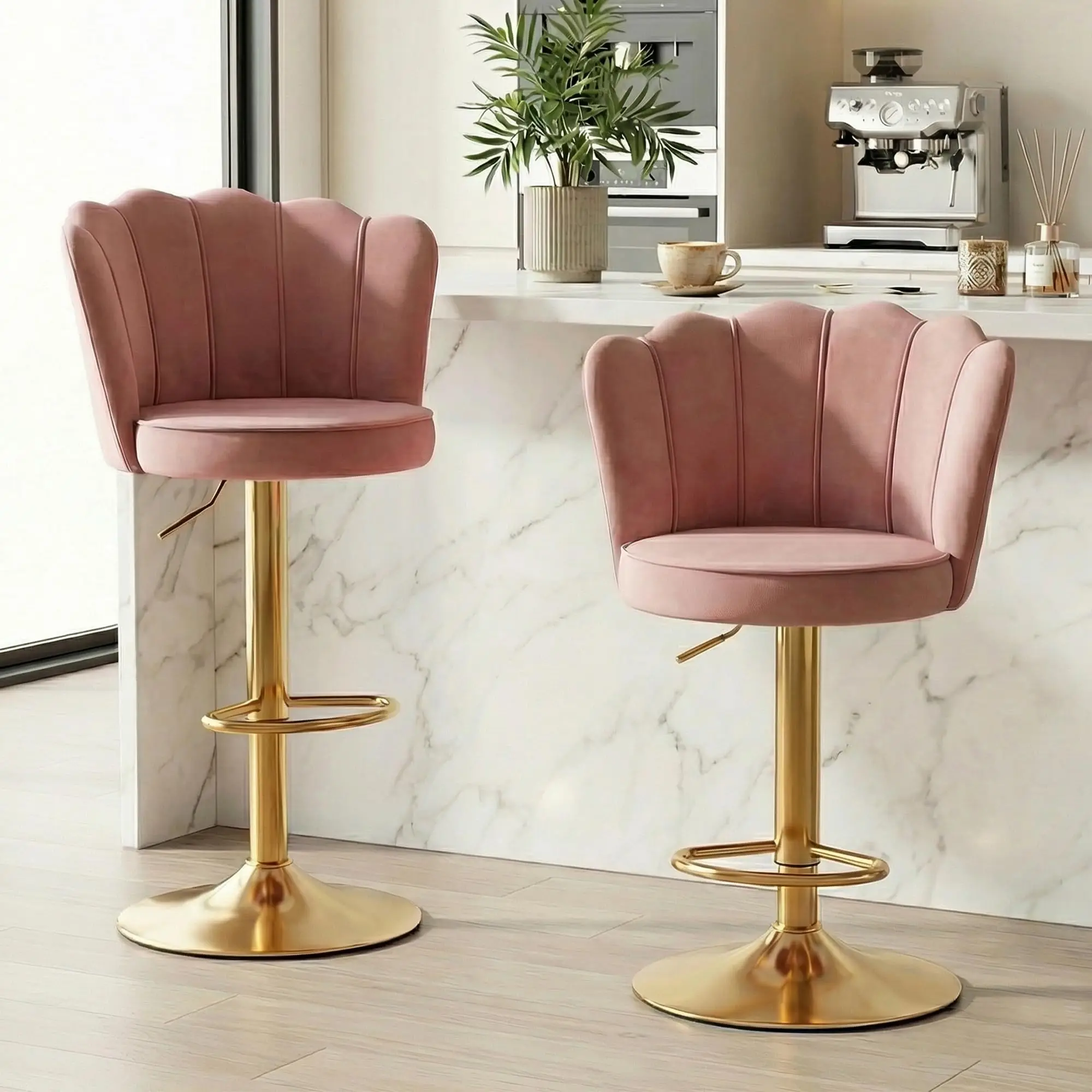 Pink Swivel Bar Stools Set of 2 for Kitchen Island, Velvet Adjustable Counter Barstool Bar Chairs with Back and Golden