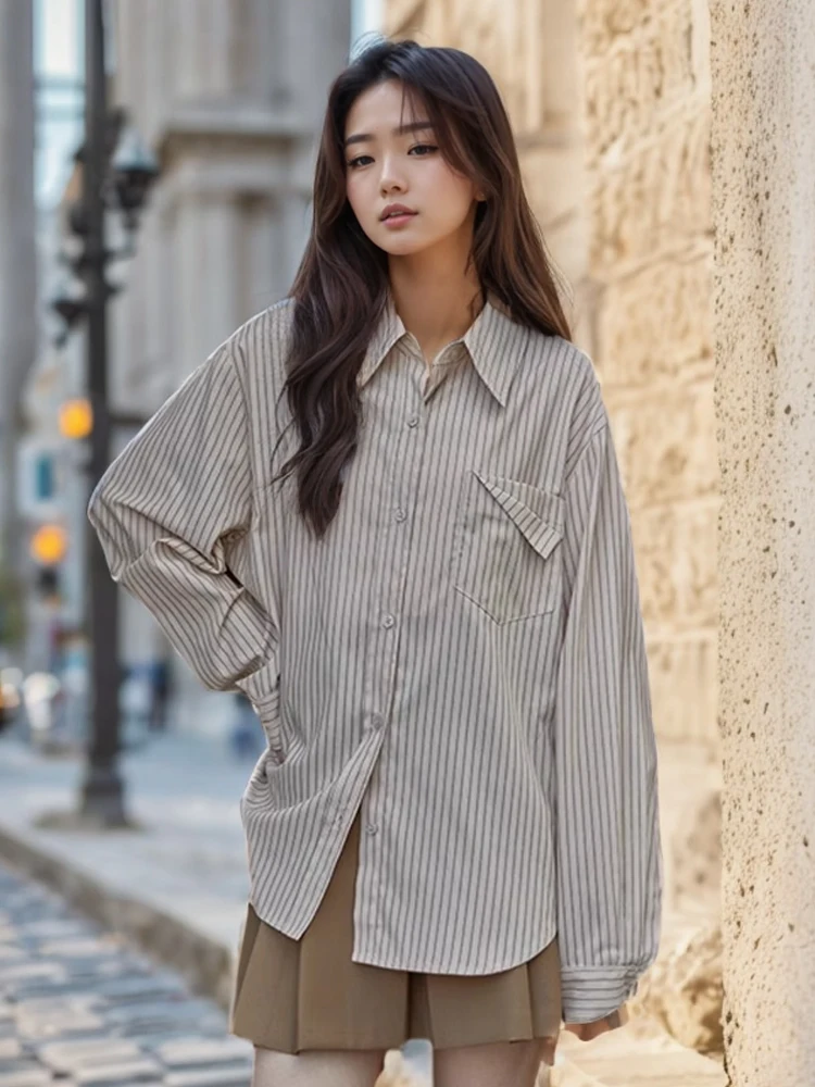 Csa informal de manga larga a rayas azules para mujer, ropa de abrigo hoada de estilo coreano, diseño con cuello , p...