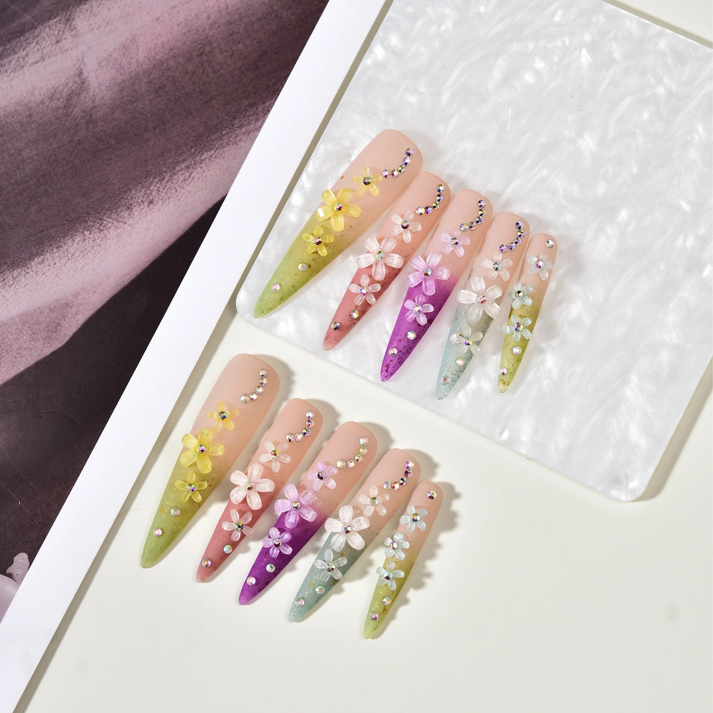 Super Long Fake Nails Cute Colorful Designs Rhinestone Flower Press on Nails Ballerina False Nails for  DIY Manicure Nail Tips