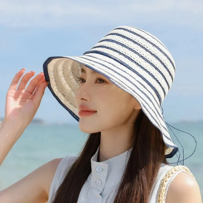 

Summer Breathable Lace Hollow out Straw Hat Women Outdoor Beach Sun Protection Hat Large Brim UV Protection Fisherman Cap
