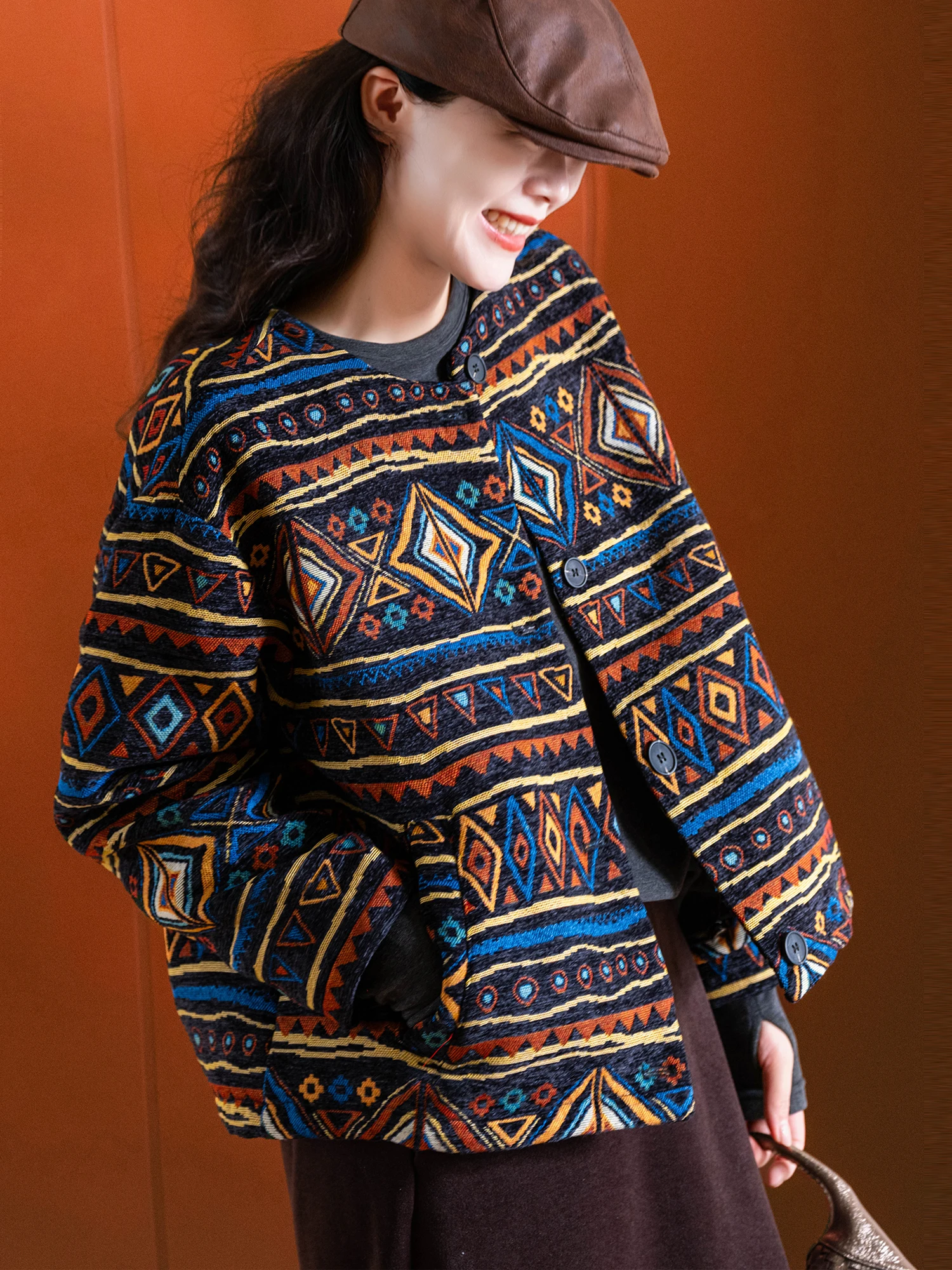 

Женская хлопковая куртка Little Ear с круглым вырезом, свободного кроя, с цветным тканым ретро-геометрическим узором, индивидуальный дизайн