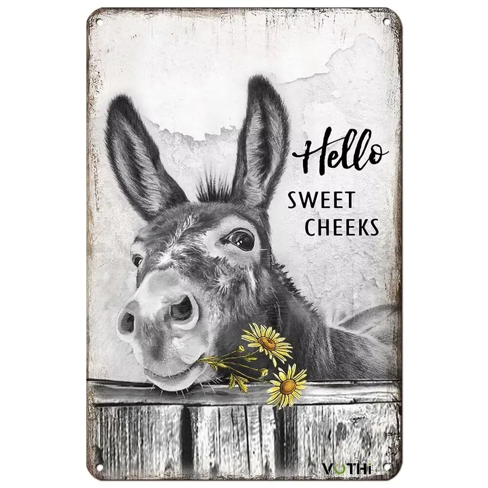 VOTHI Funny Donkey Sunflower Bathroom Metal Tin Sign,Hello Sweet Cheeks Restroom Decor for Donkey Lovers Farmhouse Bathroom Sign