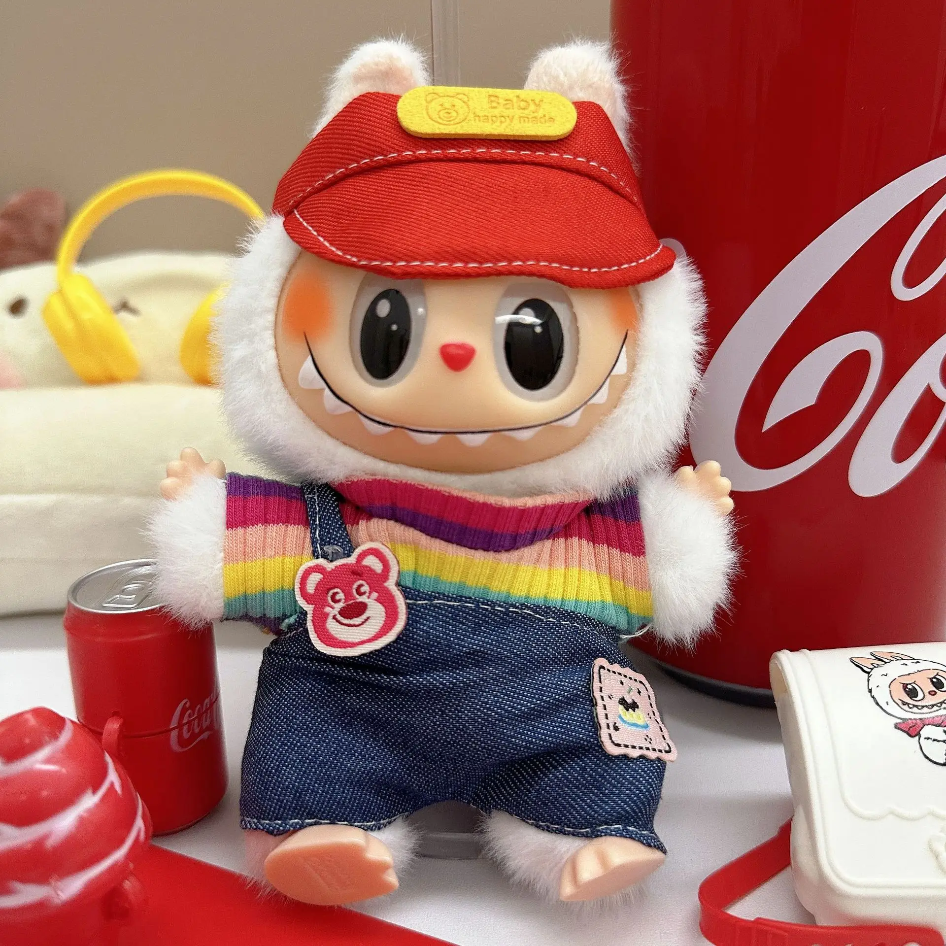 

17cm LaBuBu doll clothing replacement outfit labubu123 available to wear strawberry bear overalls