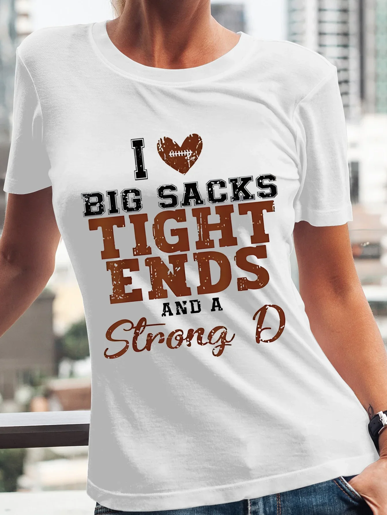 I Love Big Sacks Tight Ends and Strong D Football Design Halloween Trend New Crew Neck Casual Short Sleeve Printed Fun Designer