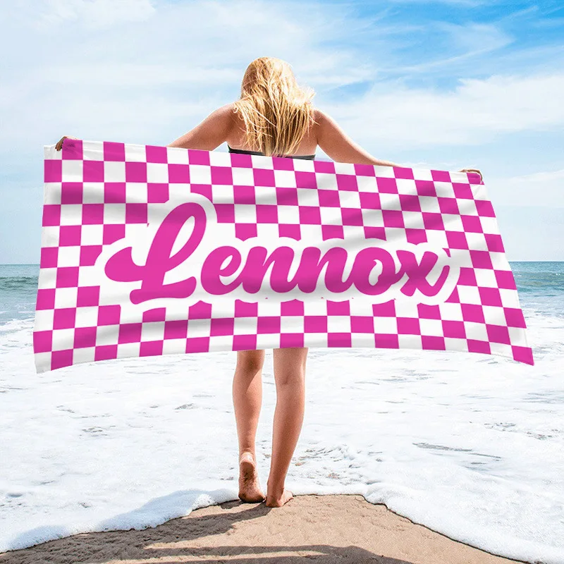 Personalized Ultra-fine Fiber Beach Towel, Colorful Checkered Swimming Bath Towel, Surname List, Velvet Beach Towel