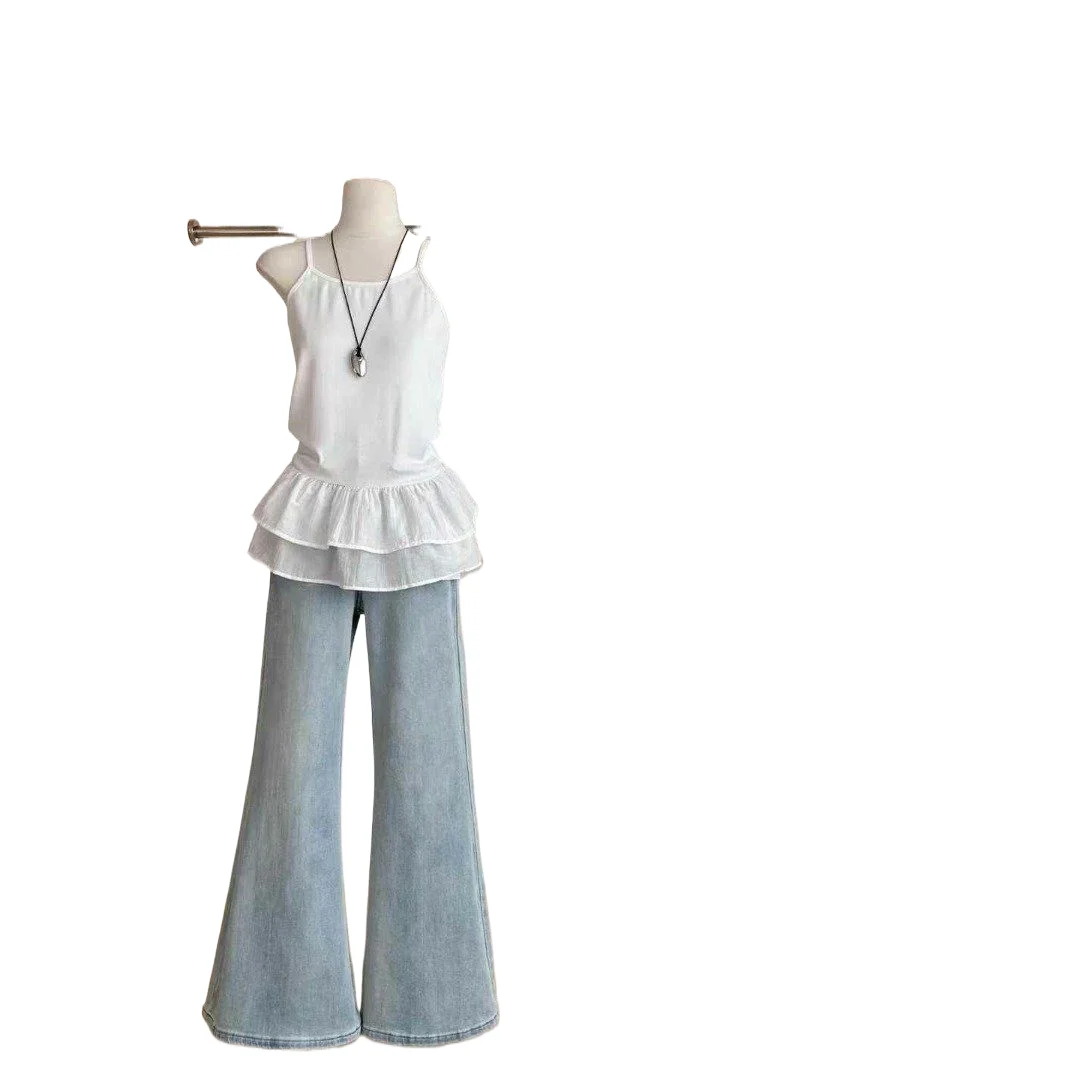 

Sweet Ballet Style Women's Spaghetti Strap Vest With Ruffle Hem Double Layer Skirt Design Fashion Lace Hem Sleeveless Top