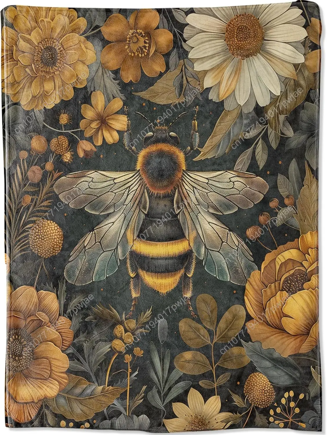 Buzzing Bee Floral Throw Blanket Vintage Flower Bumblebee Blankets for Bedroom Living Room Couch Decor Fuzzy Cozy Soft Lightwe