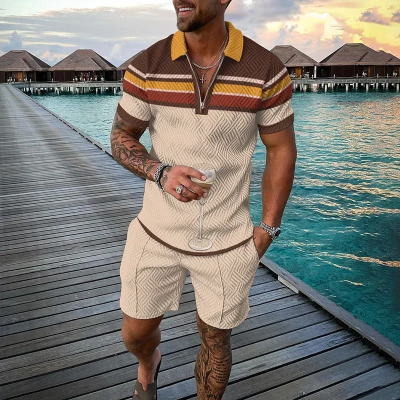 A two-piece Set Of Fashionable men's Suit With zipper, Polo Shirt And shorts, And A Casual men's Suit With Coconut Tree Stripes