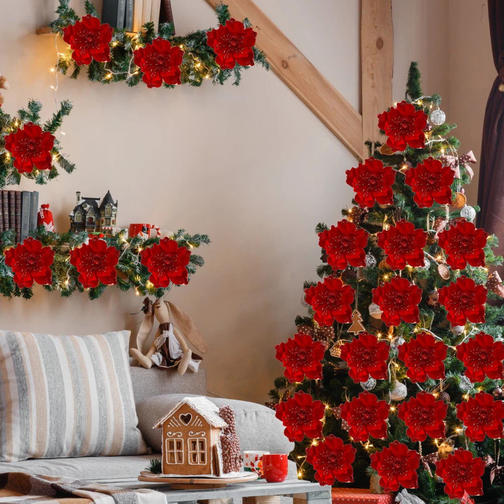 1/10pc Künstliche Glitter Weihnachten Blumen Roten Weihnachtsstern Weihnachten Baum Hängen Ornament Glitter Magnolia Gefälschte Blume Hochzeit Party – Detail 13