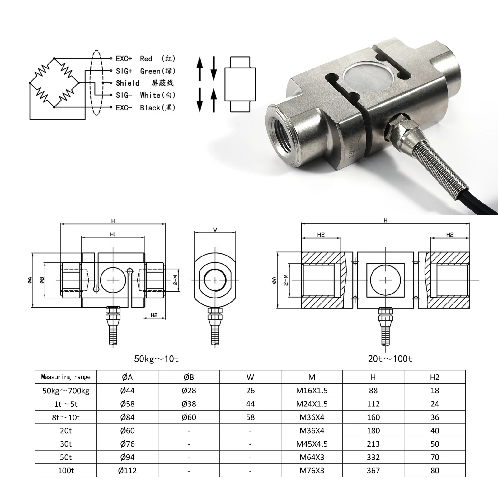 Load Cell Sensors Column S Type Test Tension and Pressure Force Weight Sensor Robotic Touch Sense System 200/300/500/700/1000KG