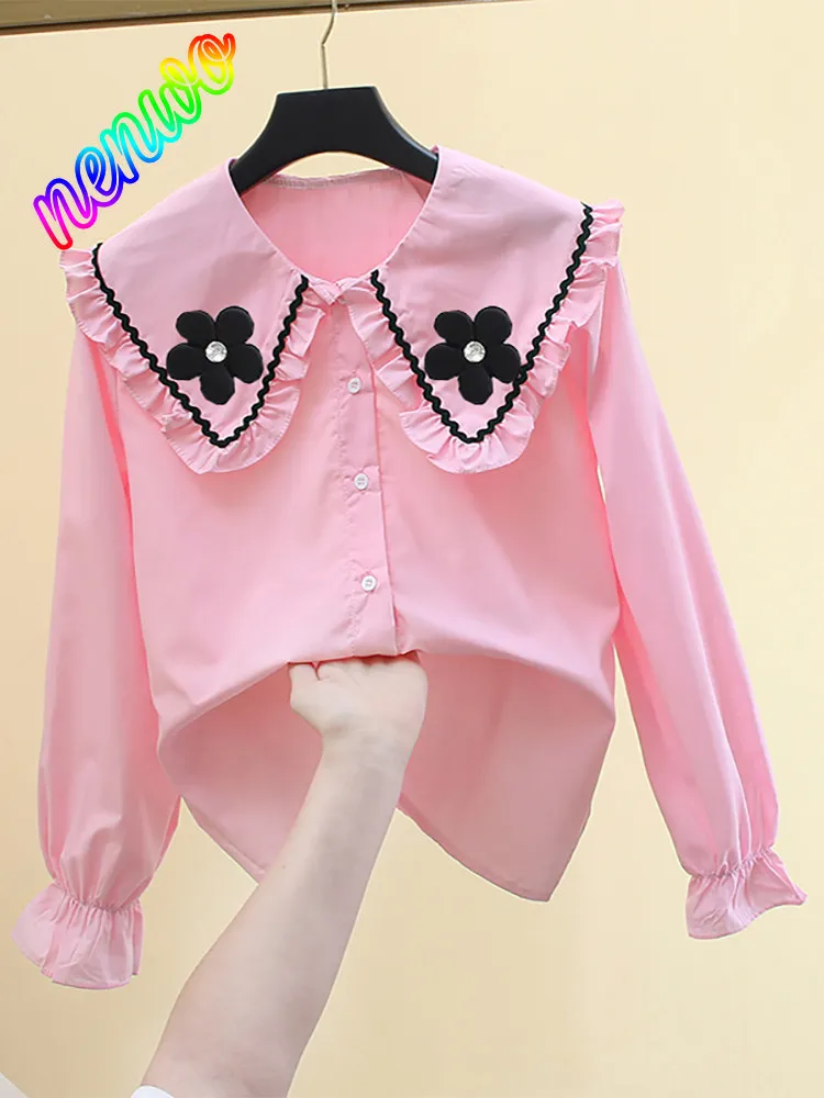 

Женская блузка с воротником Питер Пэн, новая коллекция весна-осень, свободный крой, в стиле Лолита, с длинными рукавами, классическая, на одной пуговице, белая