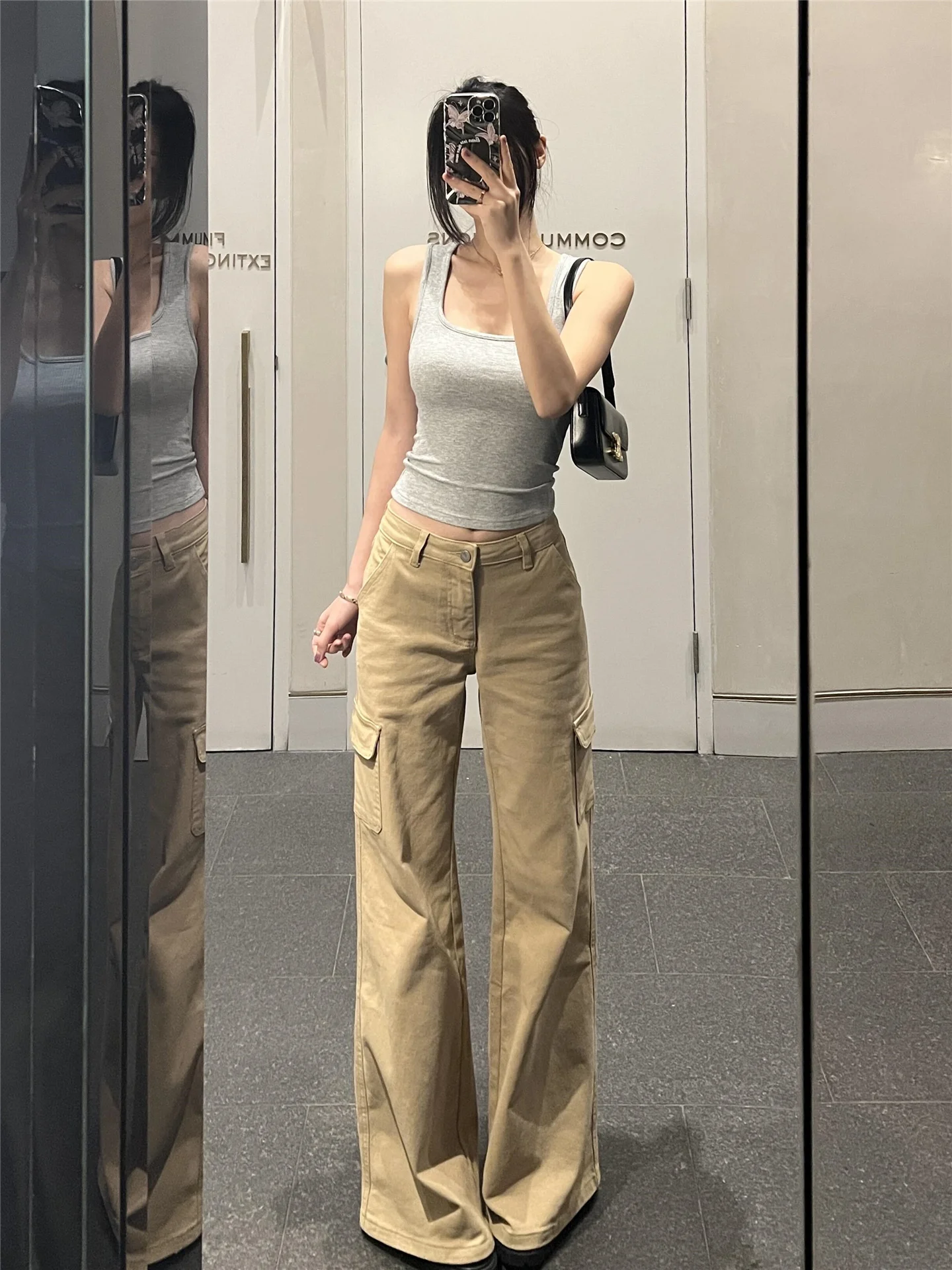 

American Retro Khaki Low Waist Flared Workwear Jeans Women Loose Slimming Not Sticky Floor-Length Pants Casual Cotton Soft