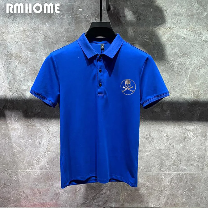Men\'s Lapel T-shirt Polo Skull Handsome Rhinestone Design Short Sleeved Tops Cotton Summer Fashion Clothing Hip-hop Streetwear