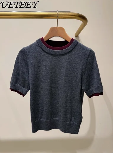 

2025 Autumn New Temperament Casual Contrasting Color Splicing Fake Two-piece Knitted Sweater T-shirt Top Female Fashion Clothes