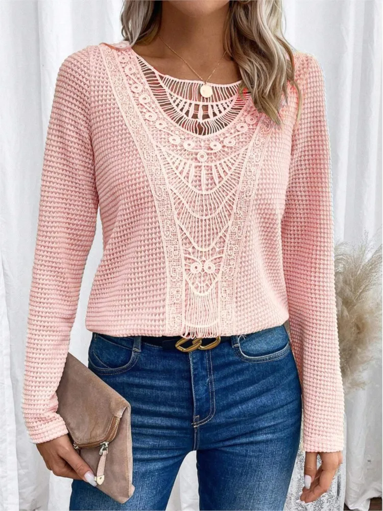 Women\'s Fashion Lace Stitching Blouses T-shirt Summer Casual Round Neck Office Lady Long-sleeve Loose Tees Tops Women Clothing