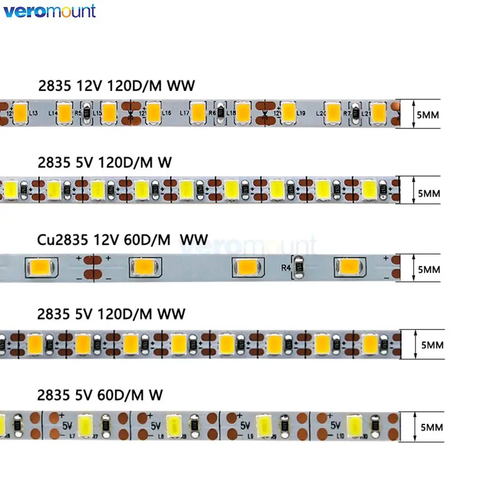 Imagem -04 - Smd 2835 Led Tira mm Estreita Largura Pcb 60led m 120led m Flexível Led Tira Luz Branco Quente Fresco 4000k Rosa Amarelo 5v 12v dc 5m