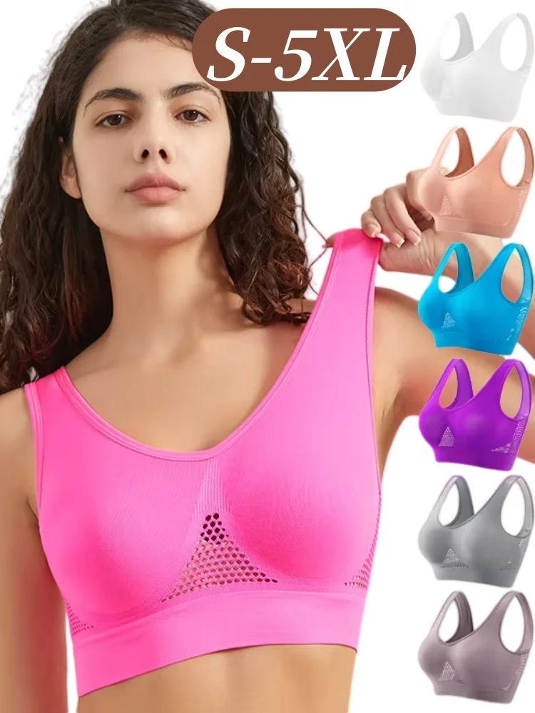 Damen Übergröße Atmungsaktiver Mesh Sport-BH Nahtlose Bügellose Unterwäsche Ohne Polster Geripptes Crop-Top Sexy Dessous S-5XL