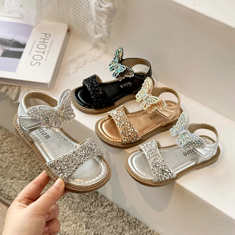 

Summer Girl's Sandals Sequins Butterfly Beading Cute Children Sliders Three Colors Open Toe Stylish Luxury Kids Slippers 23-34