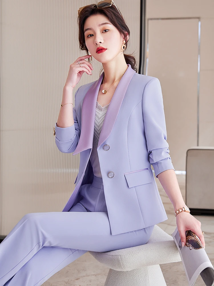 Blazer et pantalon formel pour femme, veste femme, surintendant ser, vêtements de travail d'hiver pour dames de bureau, mode, rose, violet, imbibé, ensemble 2 pièces