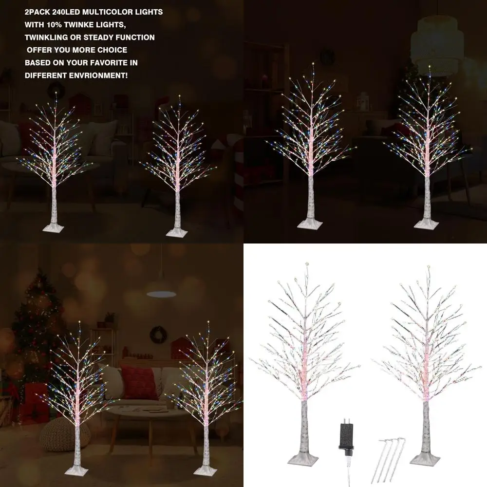 

4-футовая 240 светодиодная многоцветная рождественская елка из березы с мерцающими или постоянными режимами освещения для внутреннего и наружного декора