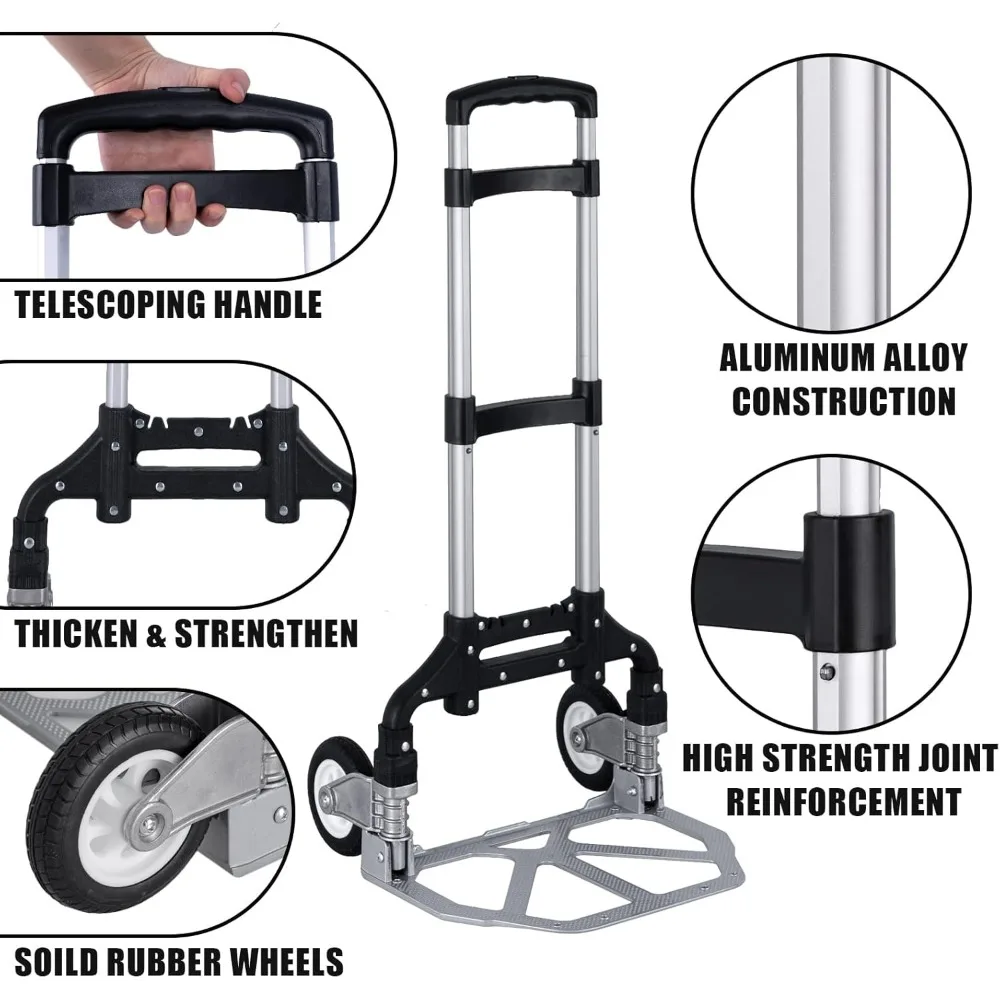Przenośny składany wózek ręczny z teleskopowym uchwytem, aluminiowy wózek transportowy, udźwig 81 kg, czarna linka elastyczna w zestawie