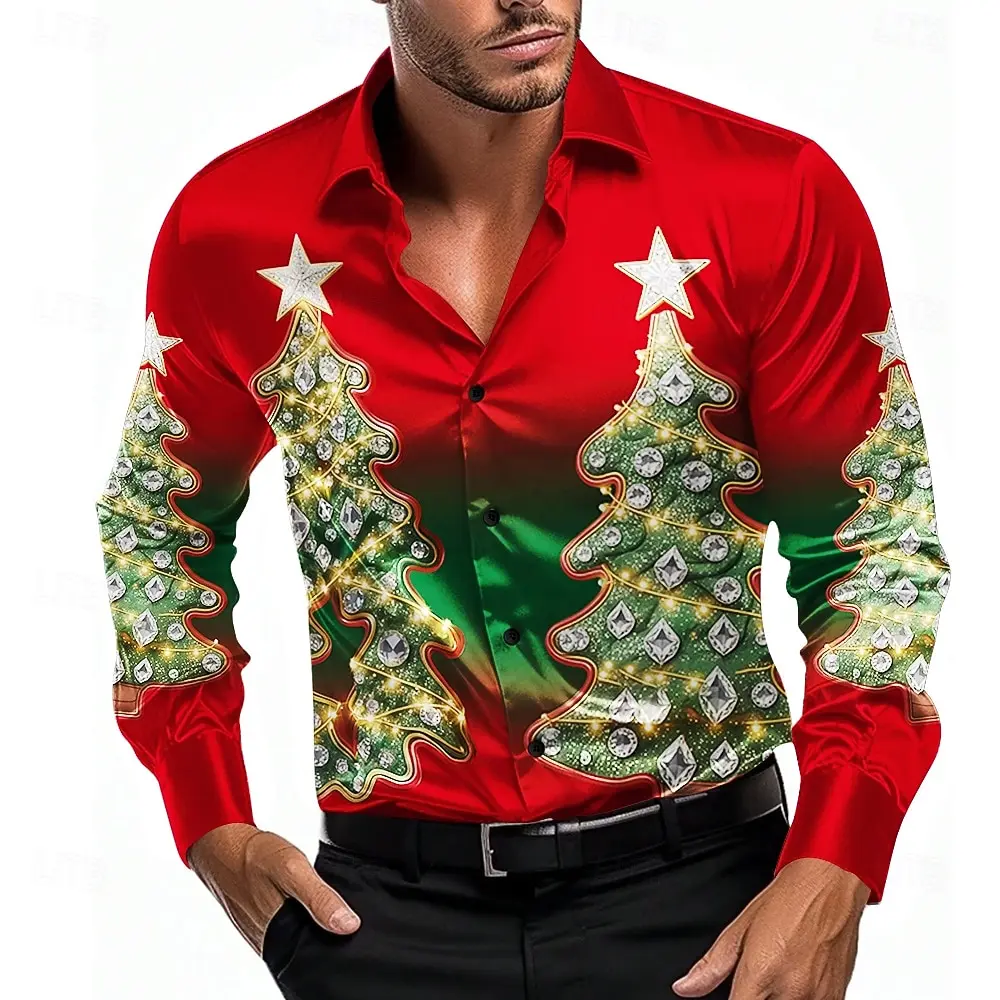 

Men's New Christmas Tree Star Print Colorful 3D Printed Shirt Long Sleeve Lapel Single Breasted Soft Fabric Beach Casual Shirt T