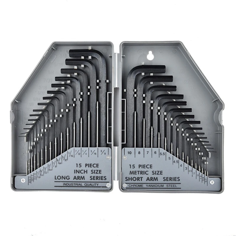 30Pcs Hex Key Allen Wrench Set SAE Metric 0.028-3/8 Inch 0.7-10mm Long Arm Cr-V Steel Hand Tool Kit for Repair and Maintenance