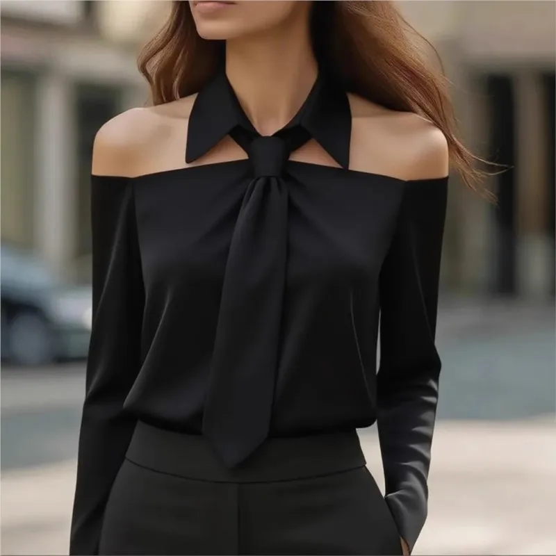 Spring And Autumn Solid Color Casual Long Sleeve Collar Tie Shirt Elegant Women's Sexy Off Shoulder Fashion Hanging Neck Blouse