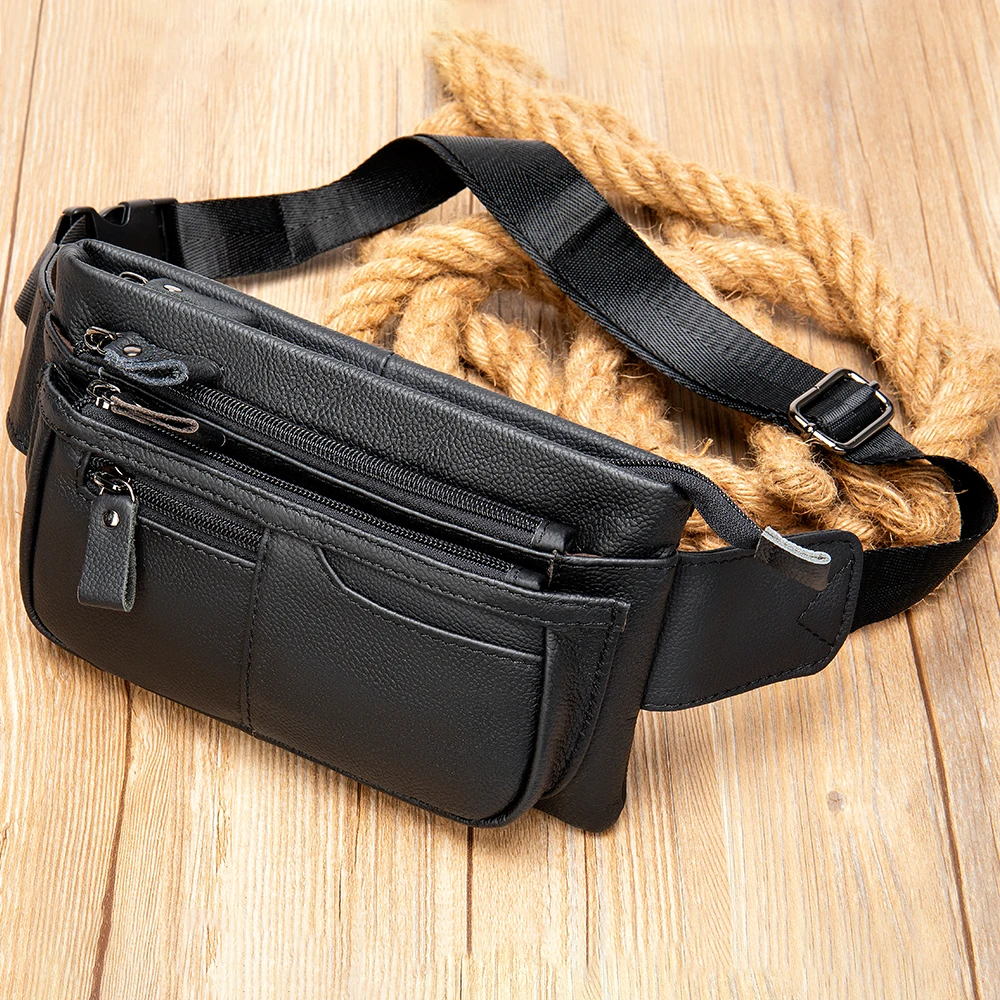 2 Use Crazy Horse Leather Men\'s Waist Bag Fanny Chest Pack Cowhide Belt Bag Male Small Travel Waist Bag For Phone Pouch