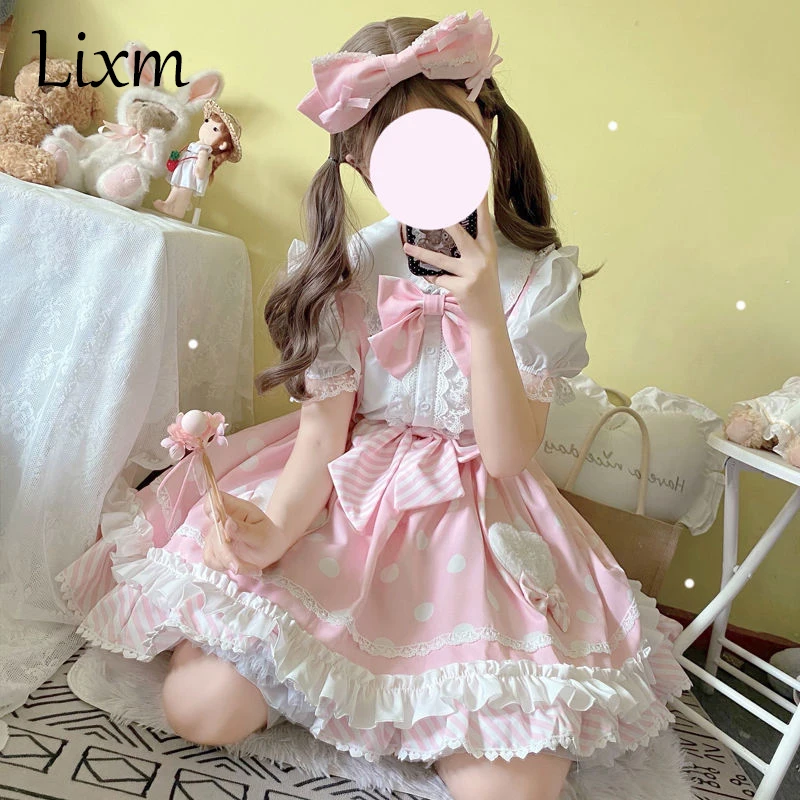 Robe Lolita à pois pour tous les jours, jupe Boba + chemise, tenue princesse Kawaii pour fête thé, style université