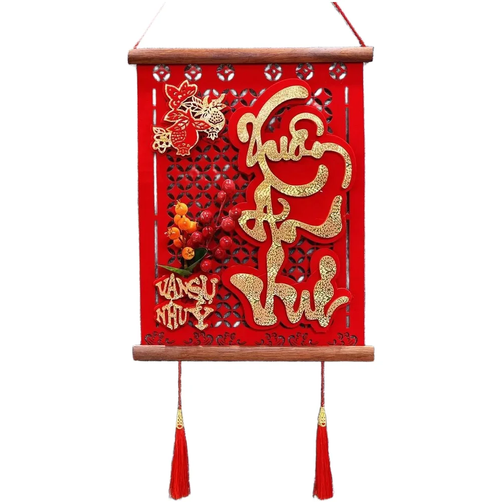 Handcrafted Vietnamese Solid Wood Couplets Red Color Spring Festival Decorations with Traditional Lunar New Year Theme