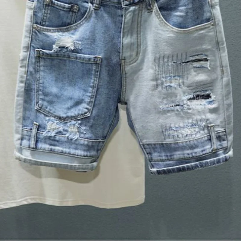 Male Denim Shorts Spliced Men\'s Short Jeans Pants Ripped Straight Harajuku Original Hip Hop Cowboy Baggy Korean Fashion Summer