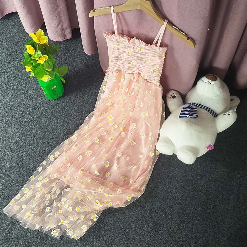 Vestido largo de gasa con estampado de margaritas para mujer, corpiño ahumado con tirantes finos, vestido informal bohemio de corte A para playa y verano