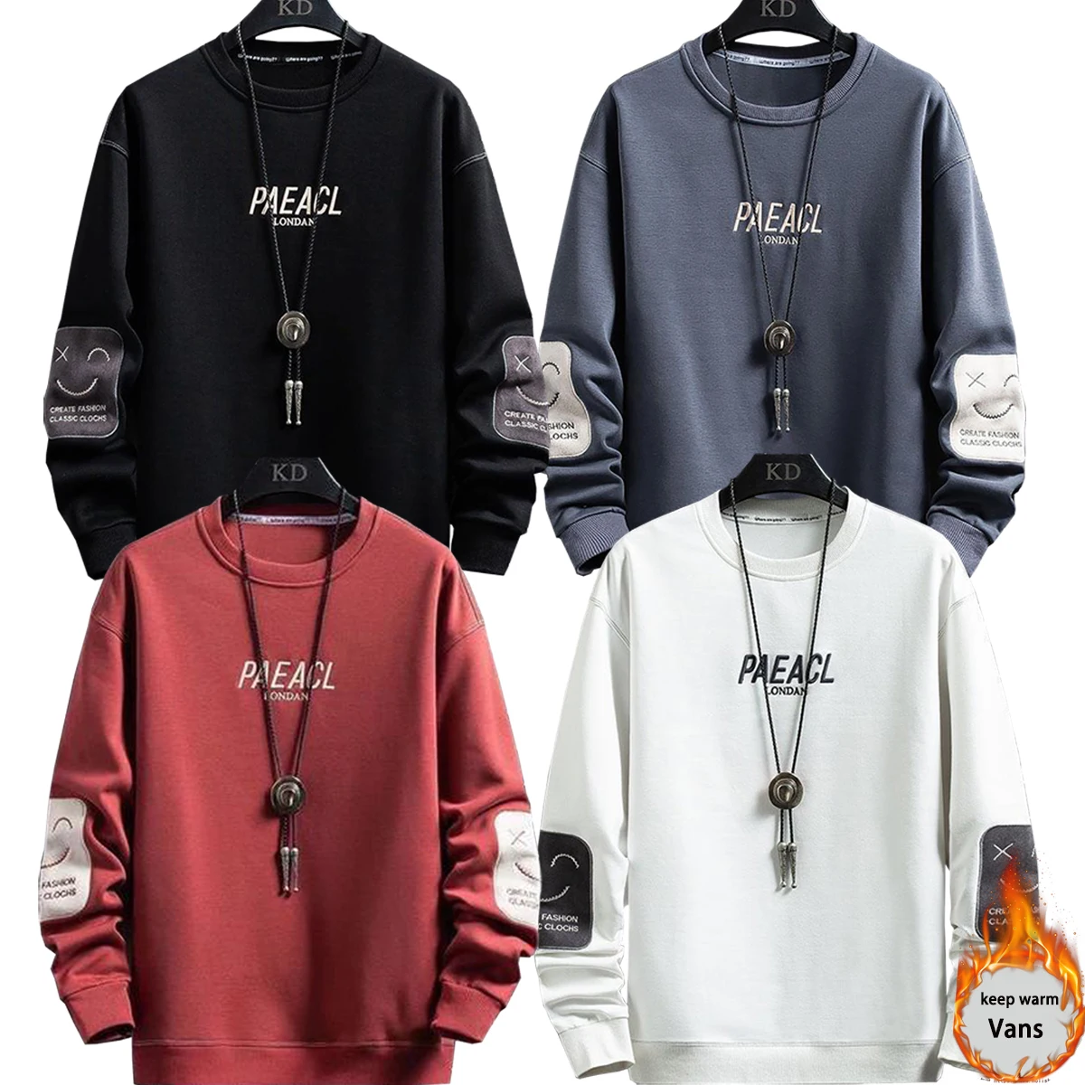 

Men's Round Neck Long Sleeved Printed Letter Solid Color Pattern Top Youth Autumn and Winter Thin Plush Styles