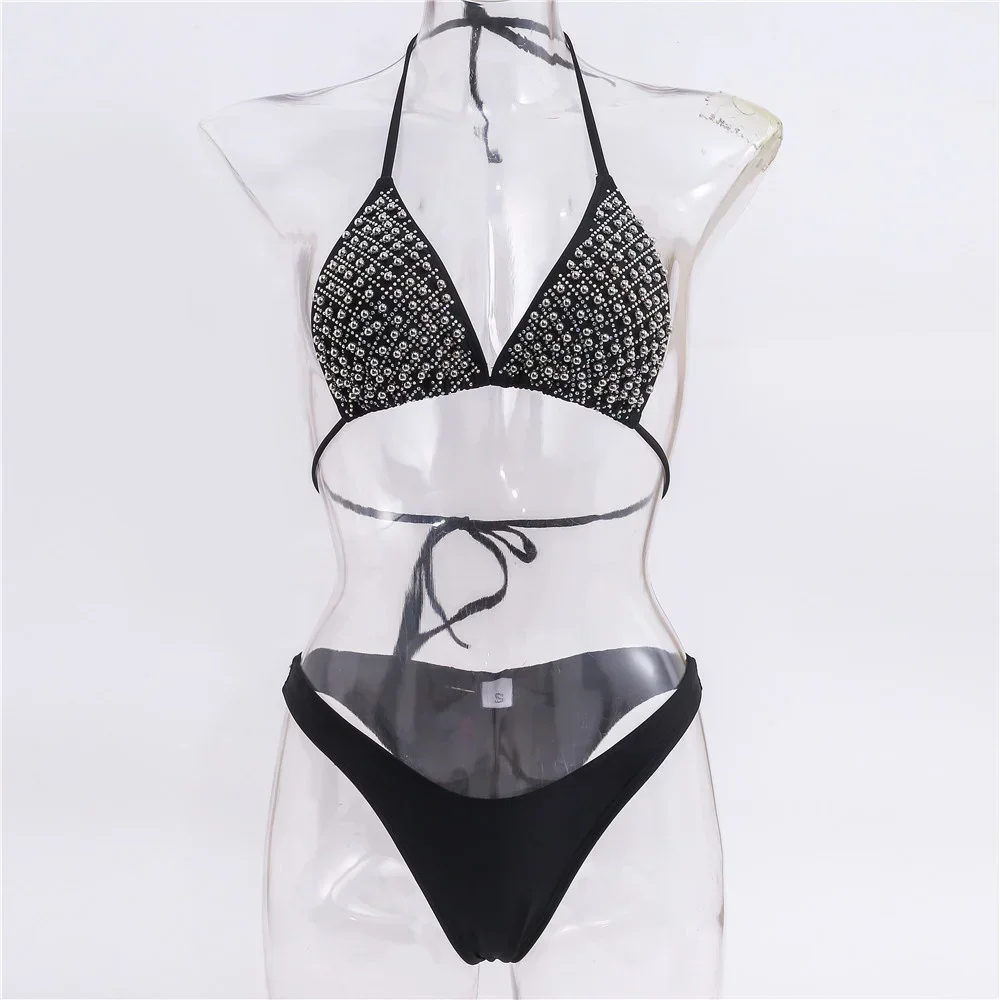 Seksowne Bikini ze sznurkiem luksusowe perły z Rhinestone strój kąpielowy dla kobiet modne stroje kąpielowe dwuczęściowe stringi plażowe Bikini