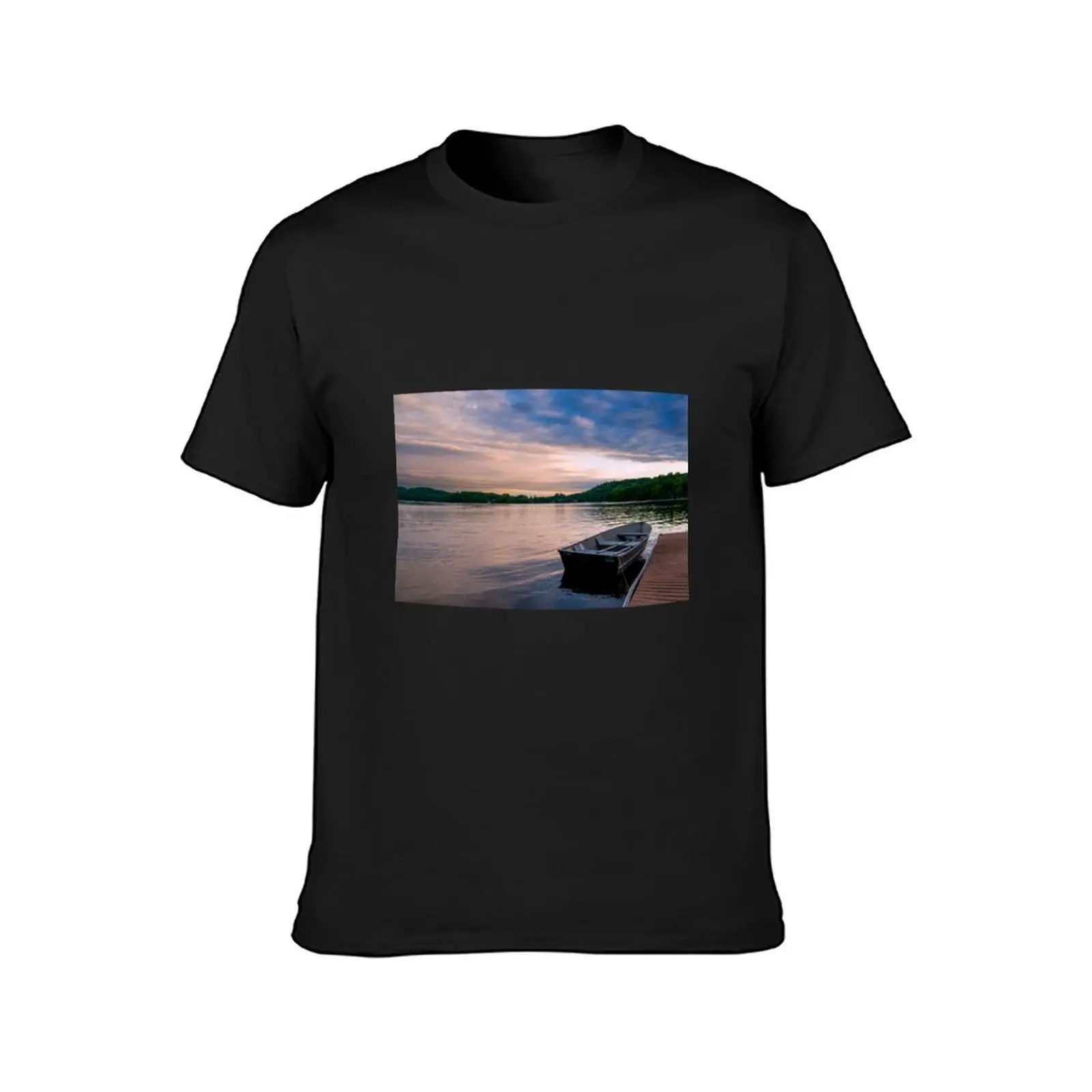 Rowboat Docked in a Lake at Sunset T-Shirt kawaii clothes blanks t shirt for men