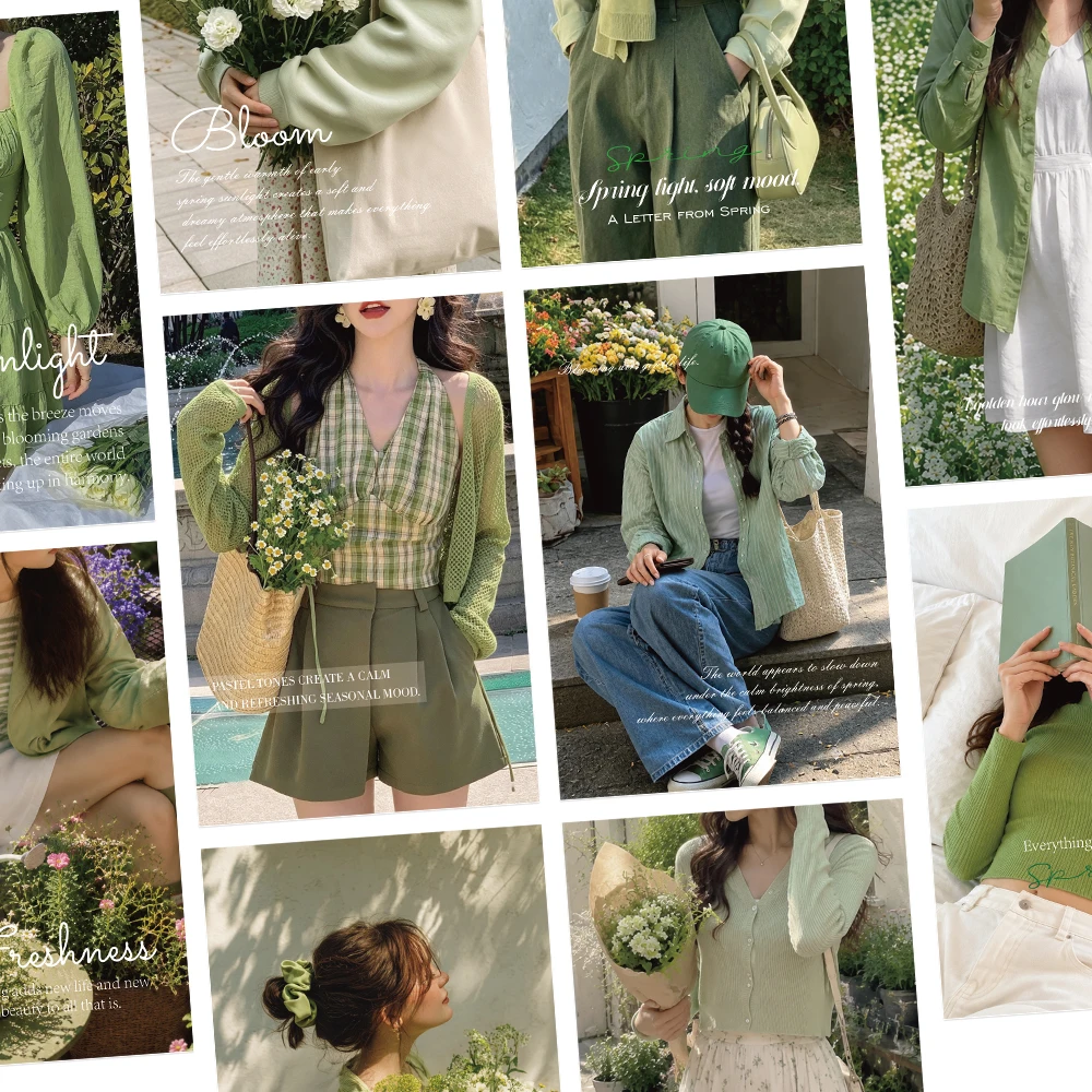 10Pcs Fresh Spring Women Fashion Postcard Wall Stickers  Light Green Dressing Look Art Print Collage Kit Aesthetic Room Decor