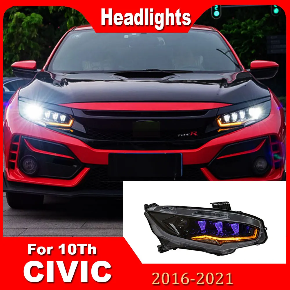 

Crystal Style Headlights Civic 10th Honda Generation 2016-2021 LED DRL Moving Turn Signal Front Light Assembly Plug and play