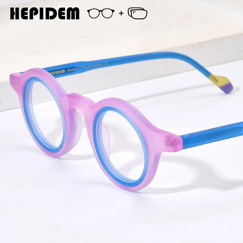 HEPIDEM Progressive Prescription Eyeglasses Anti-Blue Myopia Optical Lenses Eyewear Women Acetate Round Glasses 9267