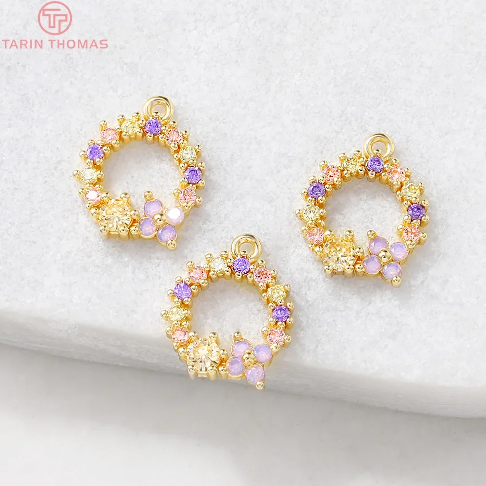 (1395)4PCS 11x13MM Hole 1MM 24K Gold Color Plated Brass with Zircon Flower Vine Charms Pendants High Quality Jewelry Accessories